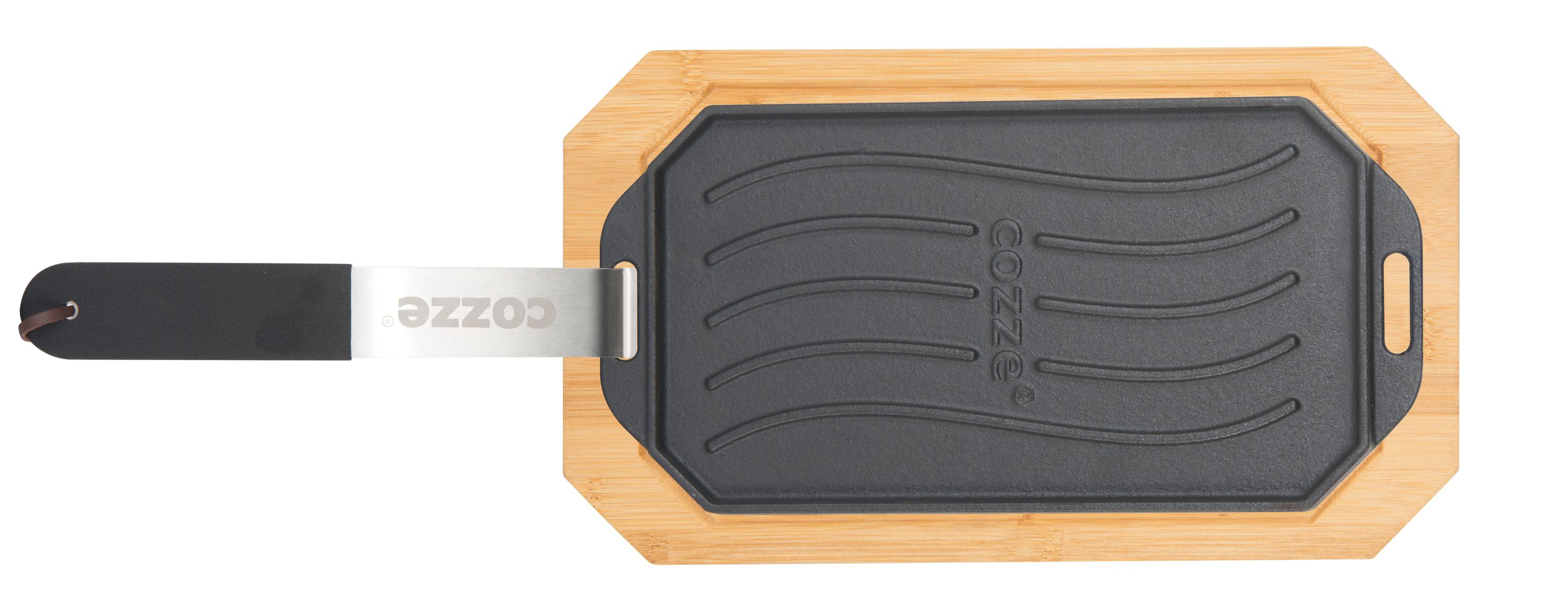 Cozze Gusseisenpfanne mit Bambus Servierbrett, 16,5x33 cm
