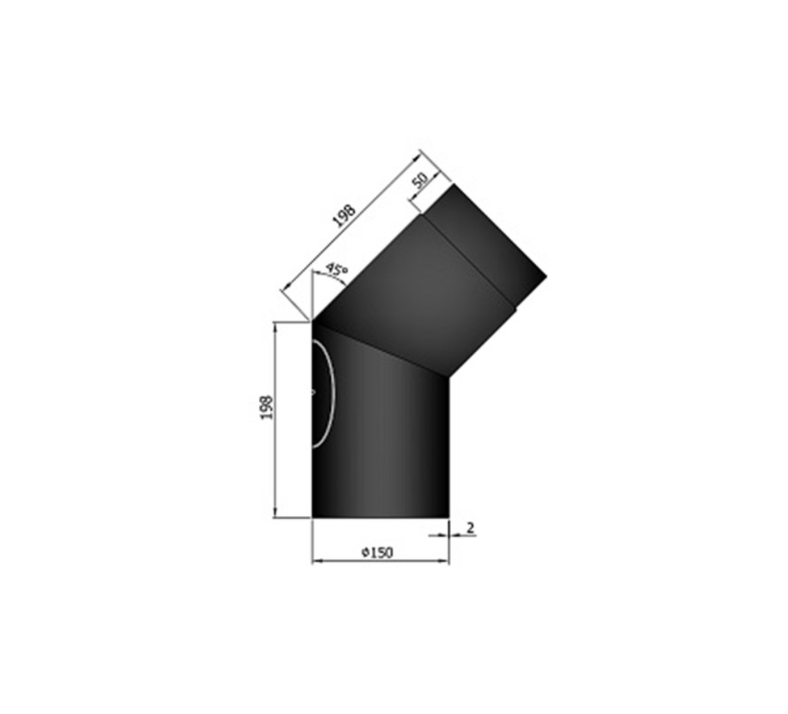 Rauchrohr Bogen Stahl 45° m. Tür 198x198 mm Ø150 mm schwarz
