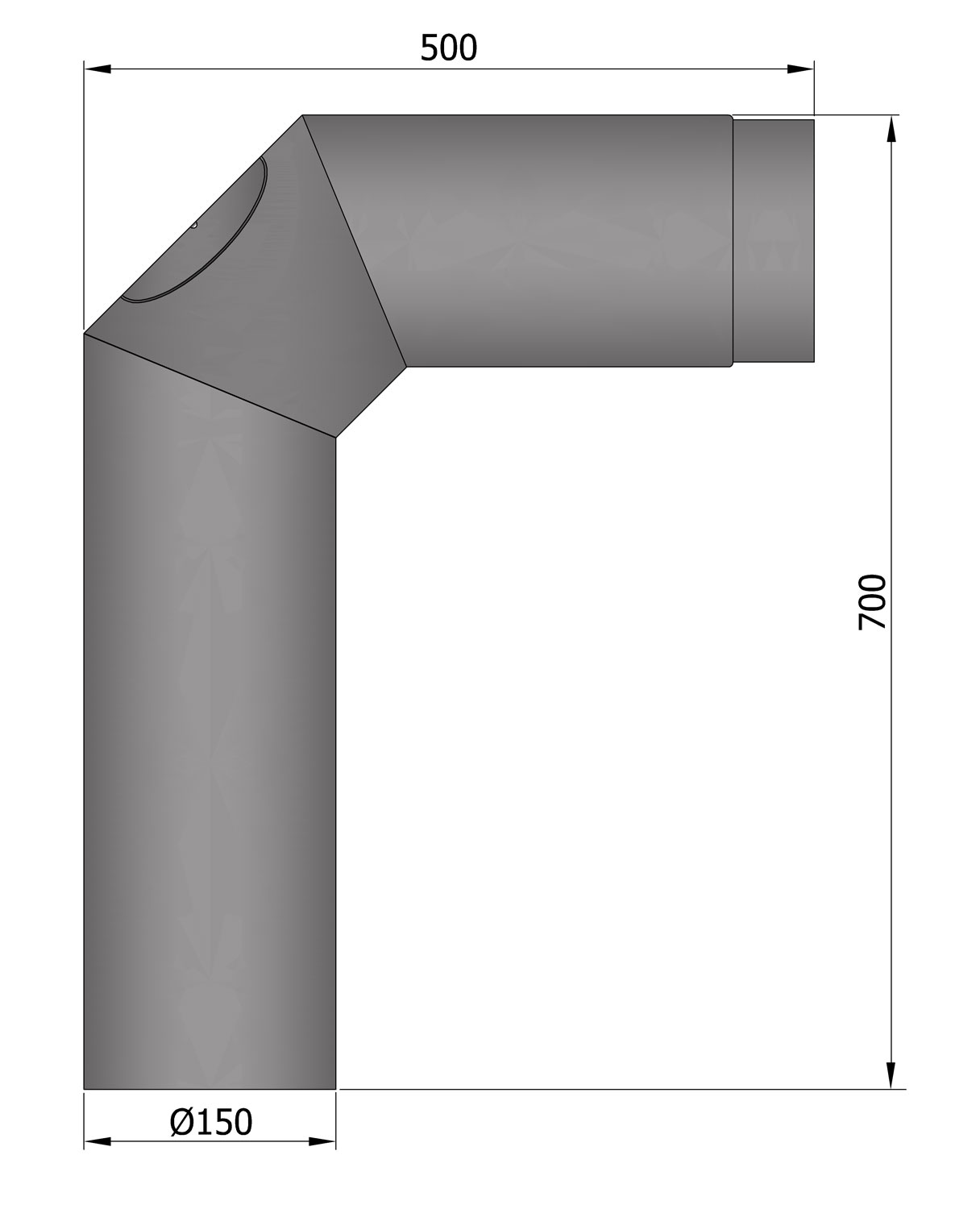 Anschlussrohr Stahl 2x 45° 700 x 500 mm Ø 150 hellgrau mit Tür