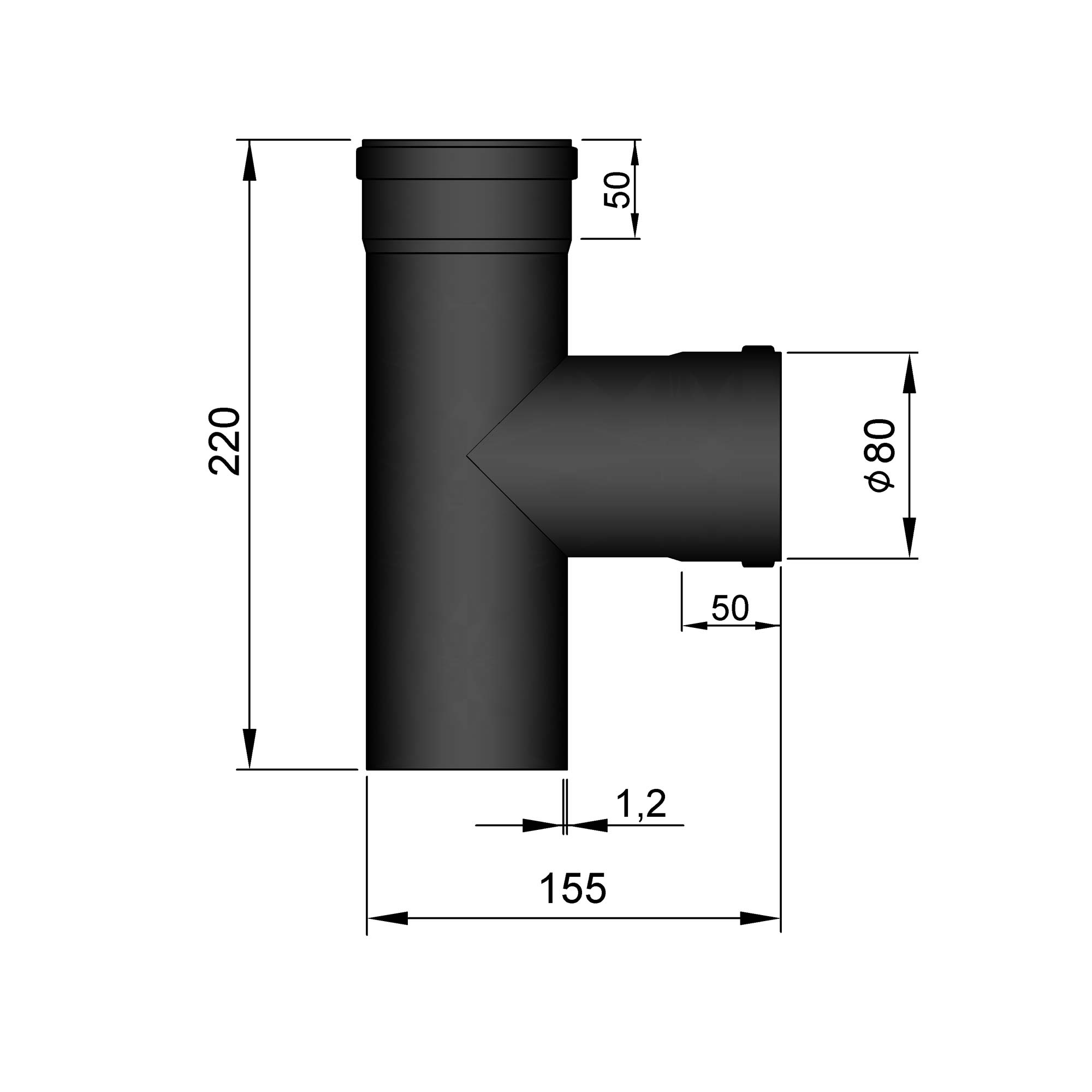 T-Stück Pellet-Ofenrohr Stahl 90° schwarz, Steckende-Muffe