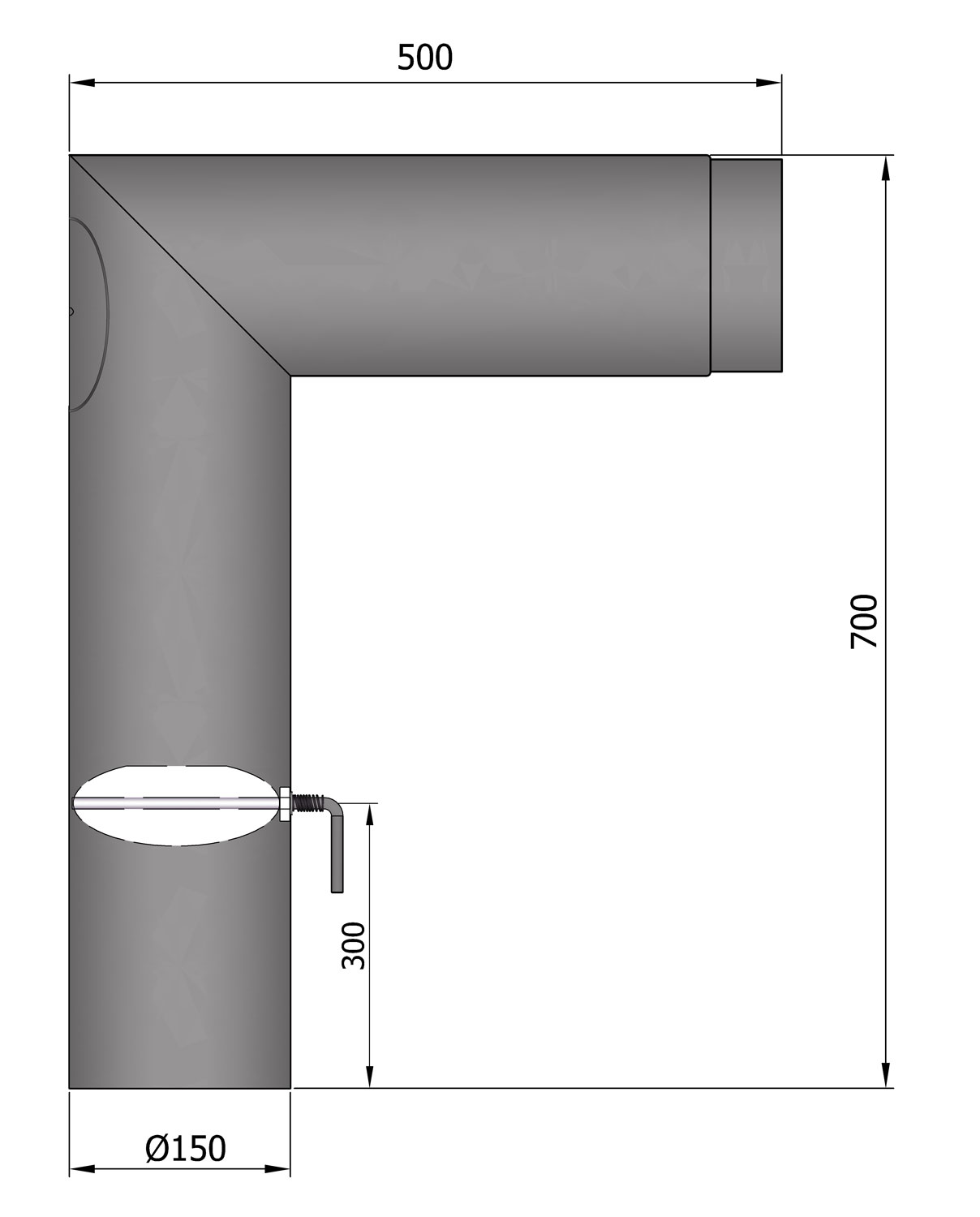Anschlussrohr Stahl 90° 700 x 500 mm Ø 150 mm schwarz mit Tür, Drosselklappe