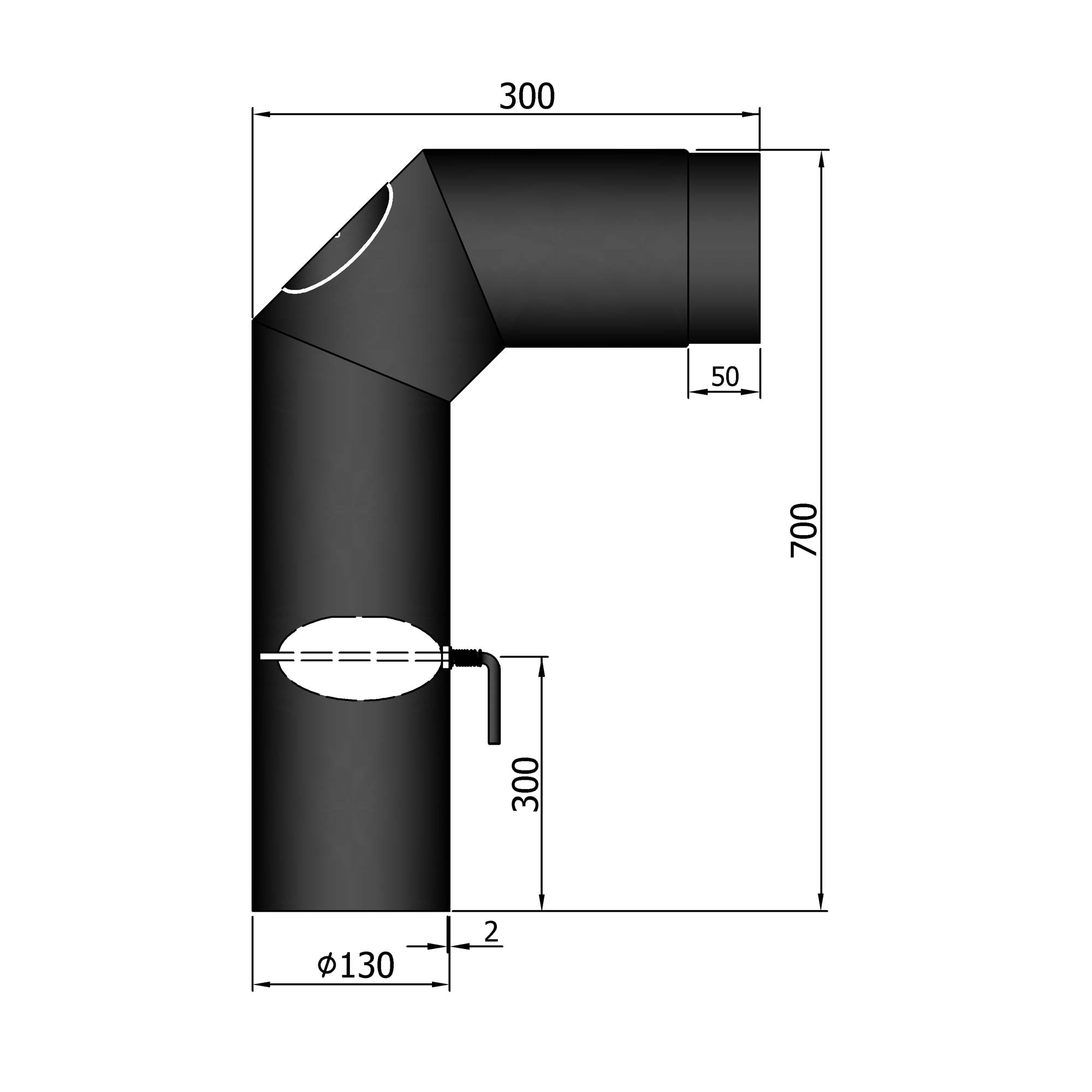 Anschlussrohr Stahl 2x 45° 700 x 300 mm schwarz mit Tür und Drosselklappe