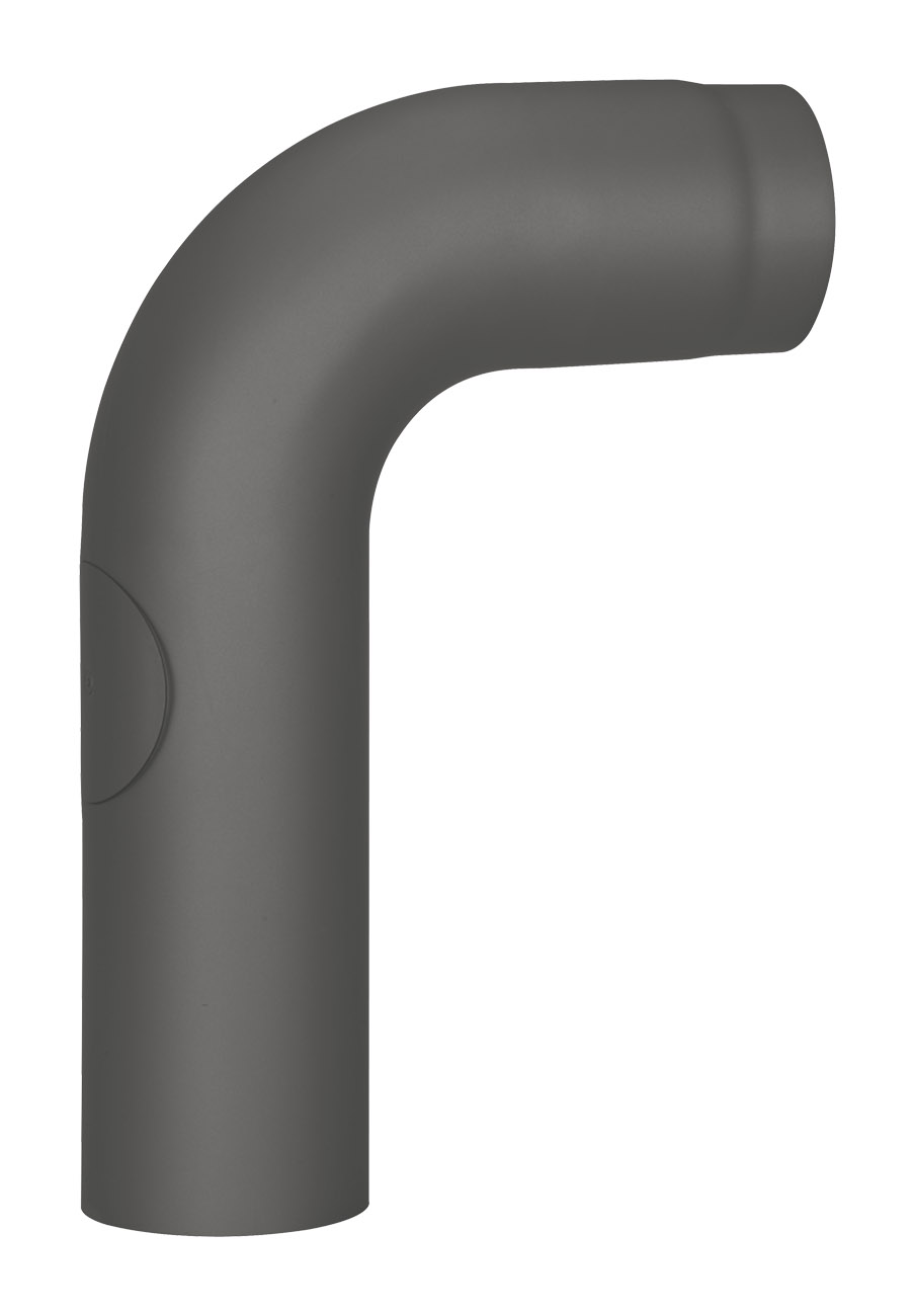 Anschlussrohr Stahl 90° 600 x 400 mm Ø 150 mm schwarz, gezogen mit Tür
