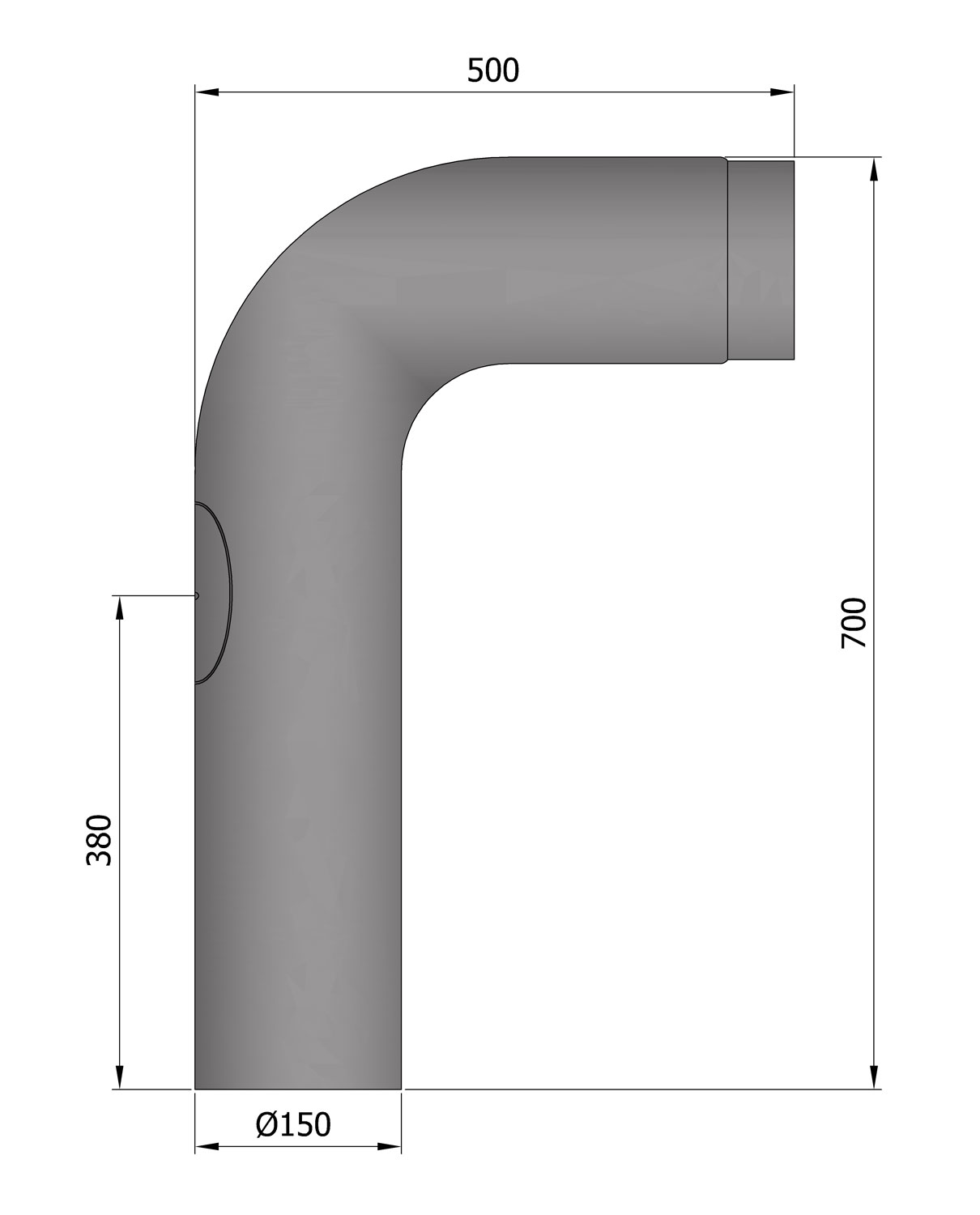 Anschlussrohr Stahl 90° 700 x 500 mm Ø 150 mm schwarz, gezogen mit Tür