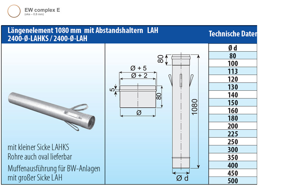 Schornsteinrohr Edelstahl 1080 mm einwandig mit Abstandhalter - eka complex E