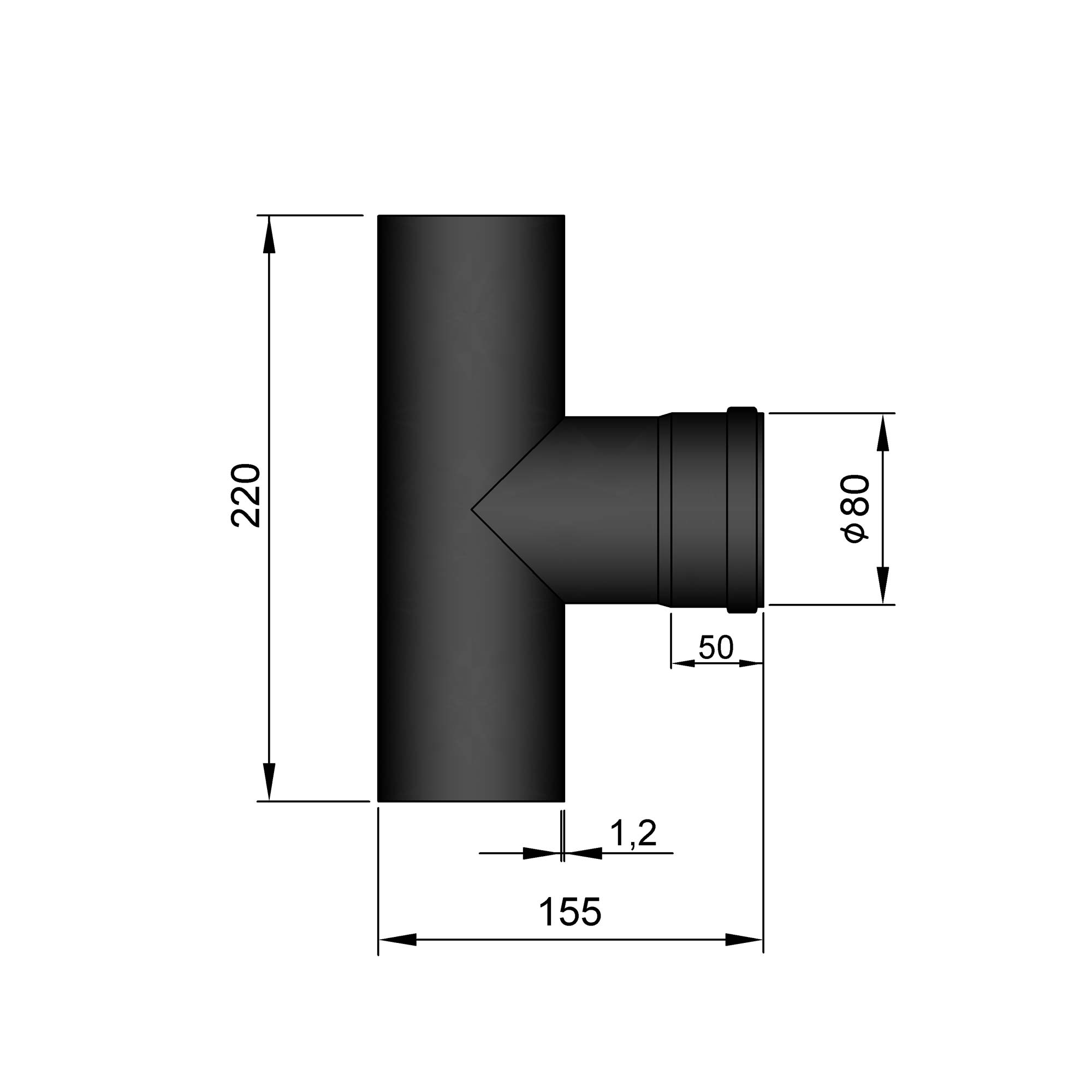 T-Stück Pellet-Ofenrohr Stahl 90° schwarz, Steckende-Steckende