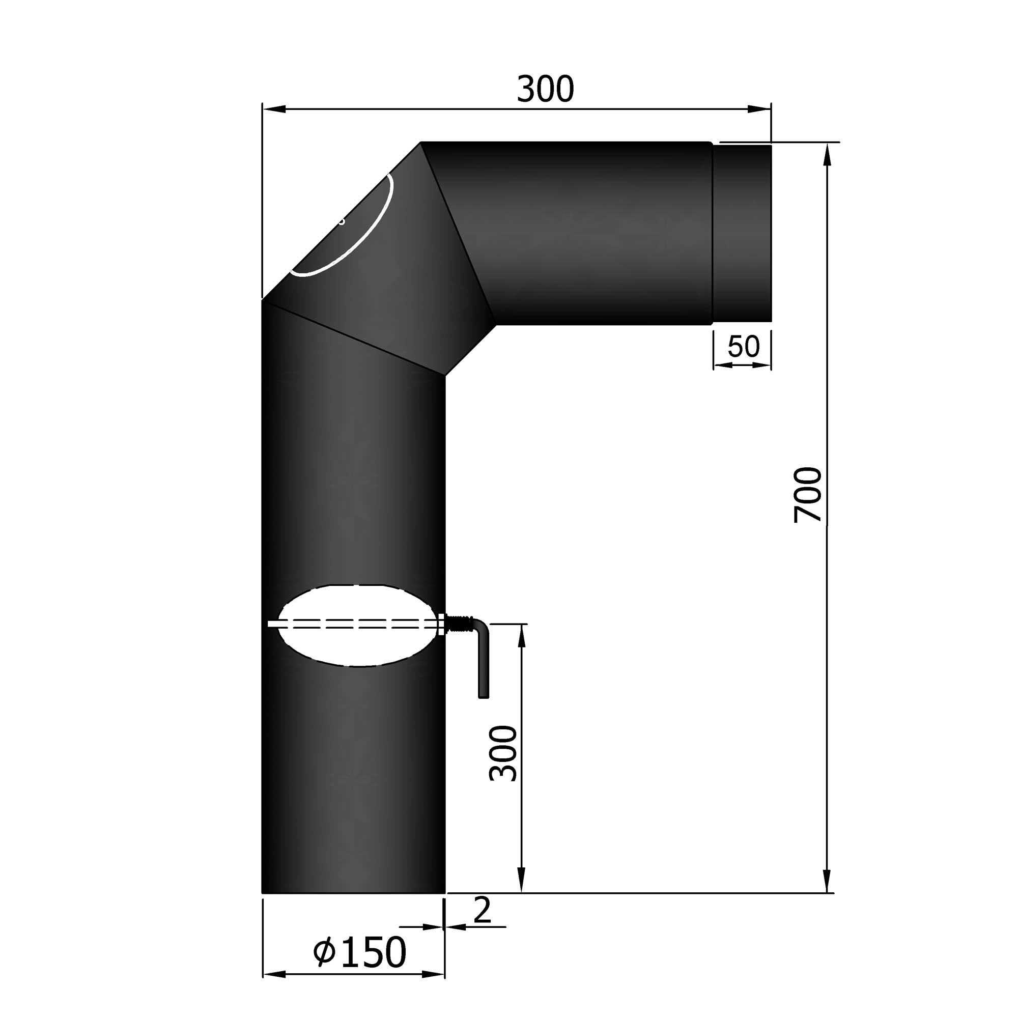 Anschlussrohr Stahl 2x 45° 700 x 300 mm schwarz mit Tür und Drosselklappe
