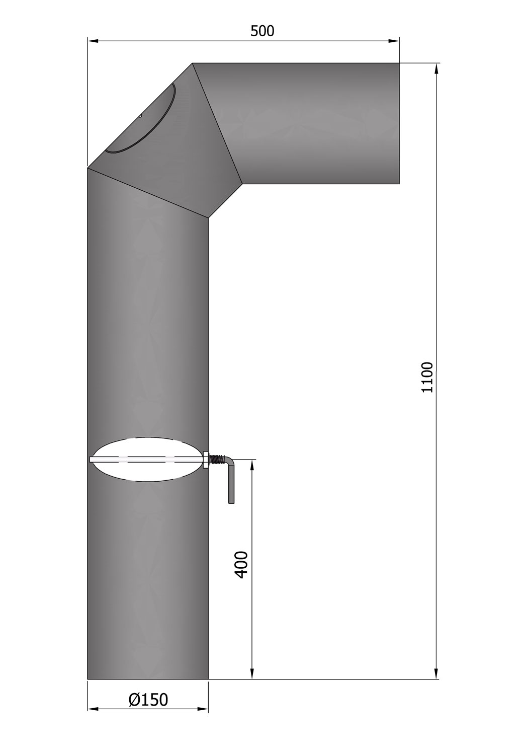 Anschlussrohr Stahl 2x 45° 1100 x 500 mm Ø 150 mm hellgrau mit Tür, Drosselklappe