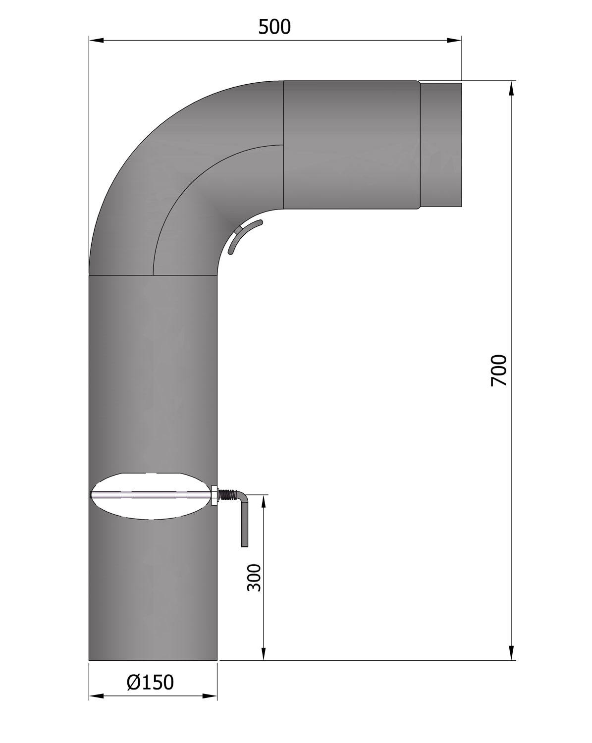Anschlussrohr Stahl 90° 700 x 500 mm Ø 150 mm hellgrau, gezogen, Tür, Drosselklappe