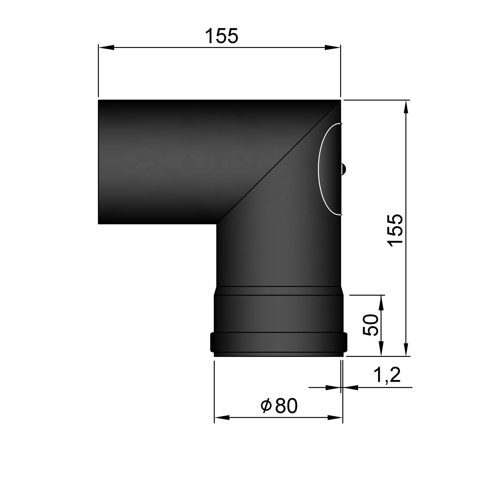 Pellet-Ofenrohrbogen Stahl 90° schwarz, mit Tür auf Muffenseite