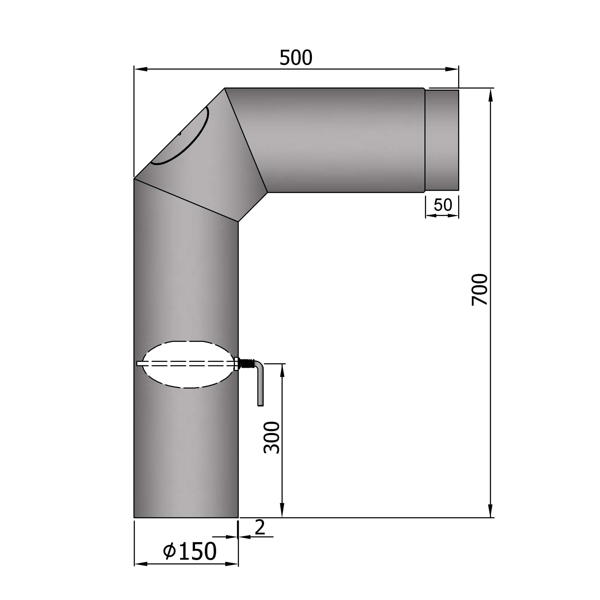 Anschlussrohr Stahl 2x 45° 700 x 500 mm hellgrau mit Tür, Drosselklappe
