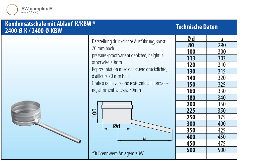 Kondensatschale mit Ablauf Edelstahl einwandig - eka complex E